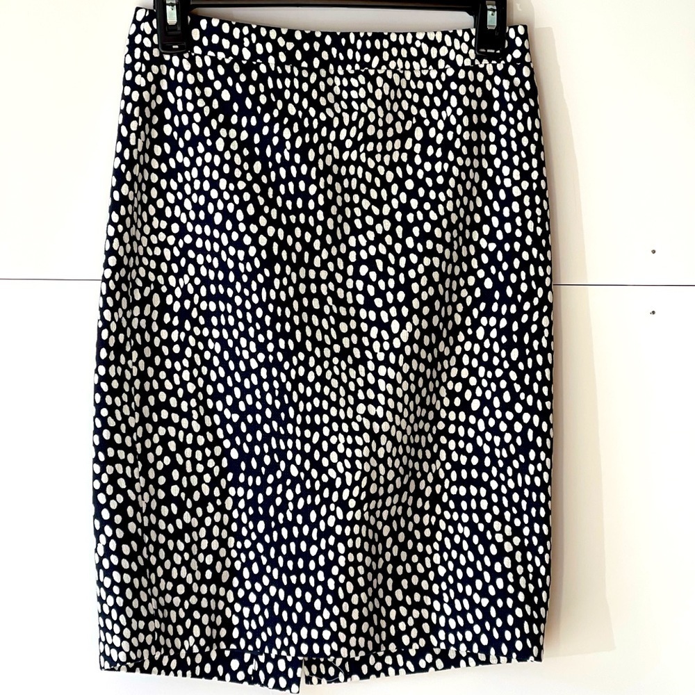J Crew Women's Navy White Dot High Waisted Straight Pencil Cotton Midi Skirt, 00